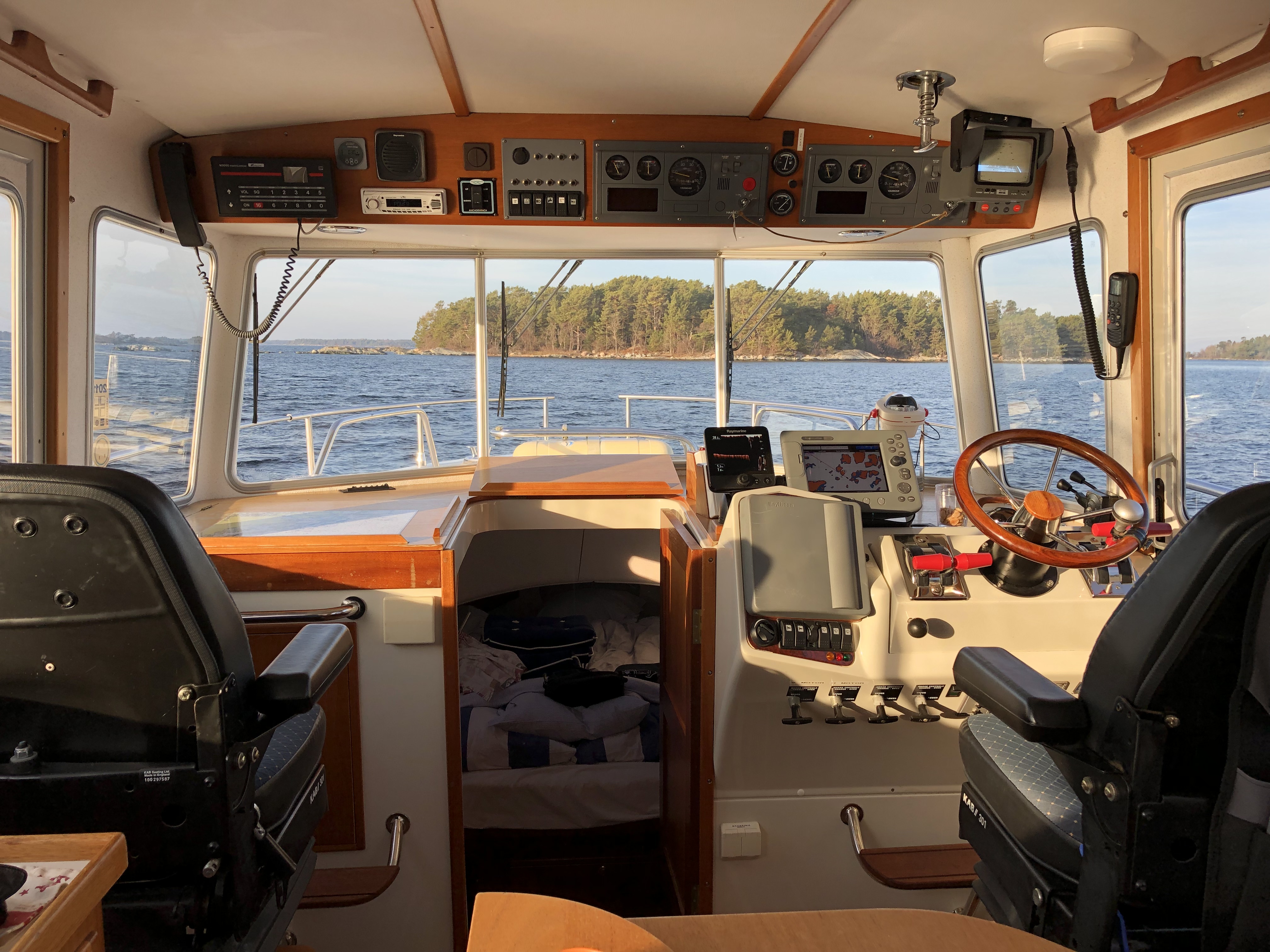 The helm of M/S Astrid with views over the archipelago